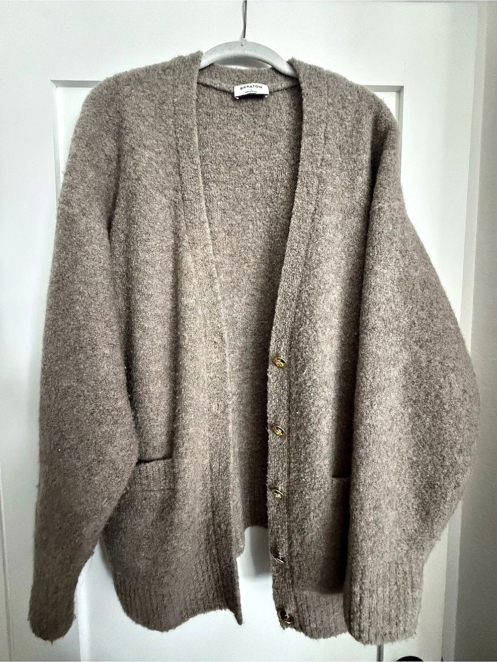 Aritzia Babaton Taupe Brown Wool Blend Cardigan Sweater Gold Crest Buttons L